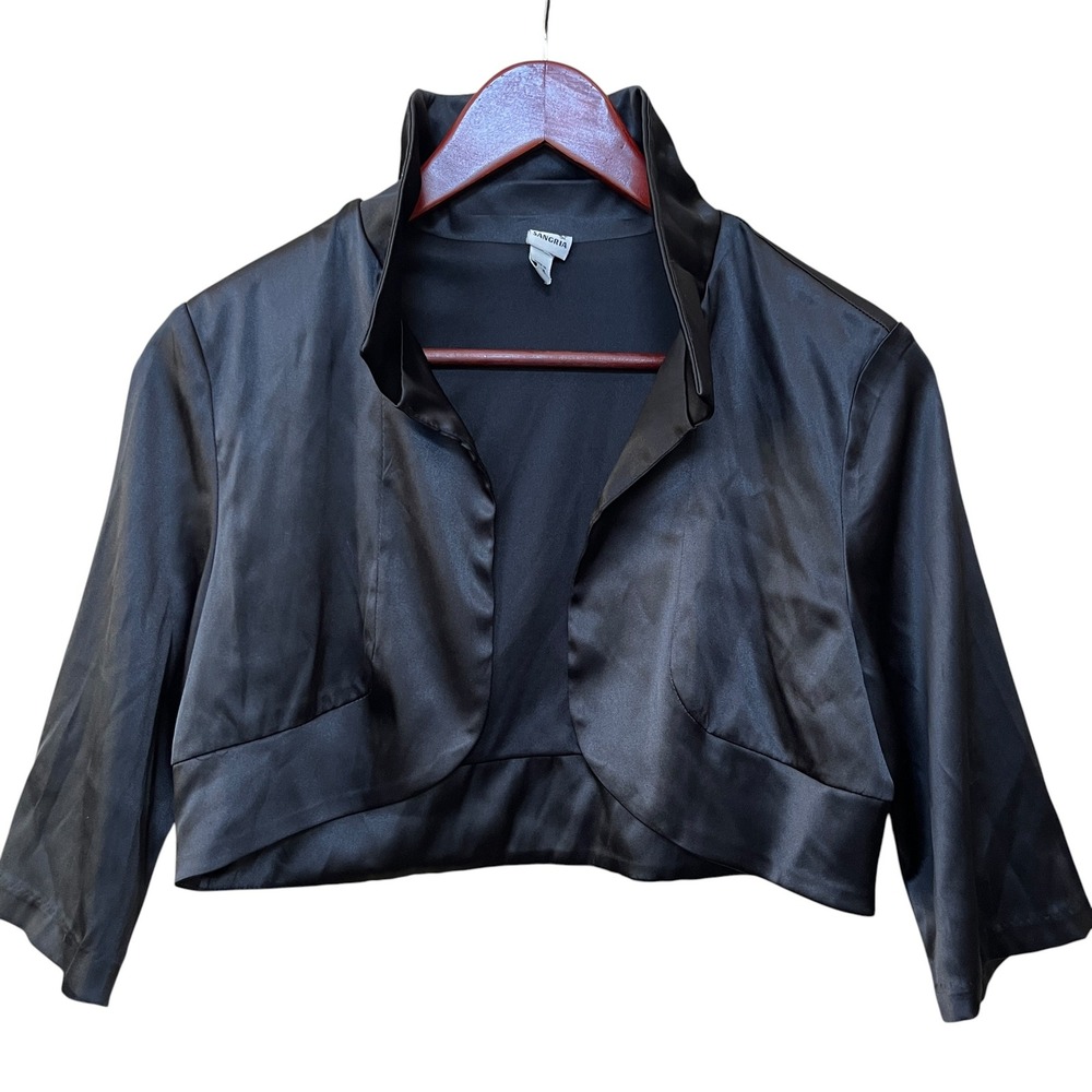 Sangria Black Satin Bolero Jacket Open Front Shrug Stand Collar 3/4 Sleeve M